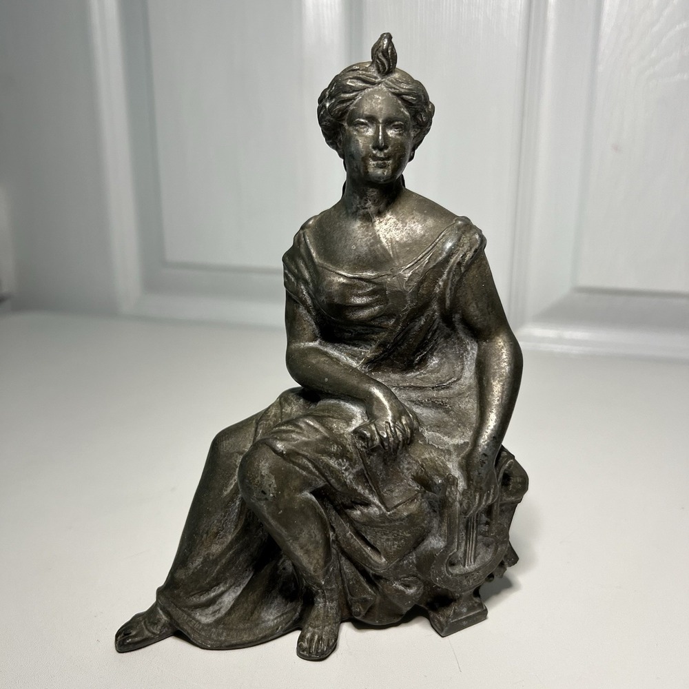 Antique Bronze Spelter Roman Goddess Woman Statue‎ Harp Baroque Elegant